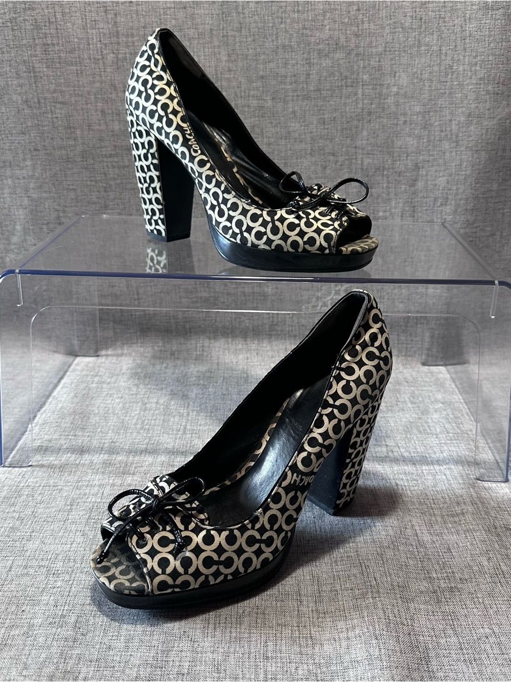 Coach Black & White Signature Peep-Toe Block Heel
